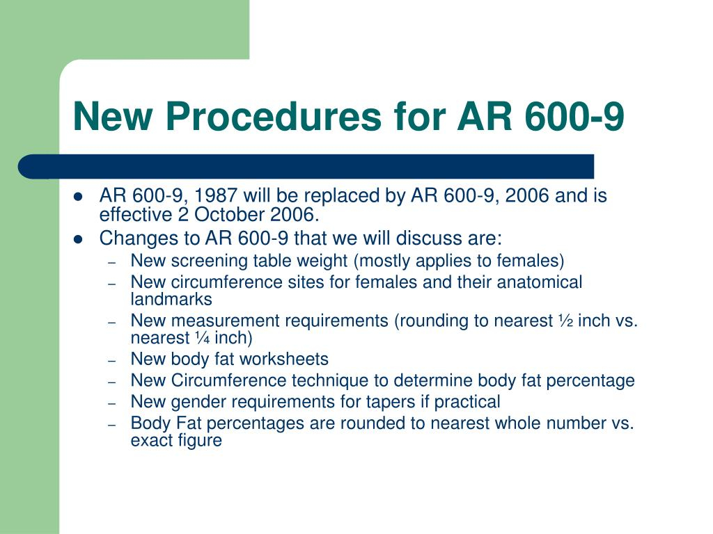 PPT WEIGHT CONTROL PROGRAM AR 600 9 1 Sep 06 PowerPoint 